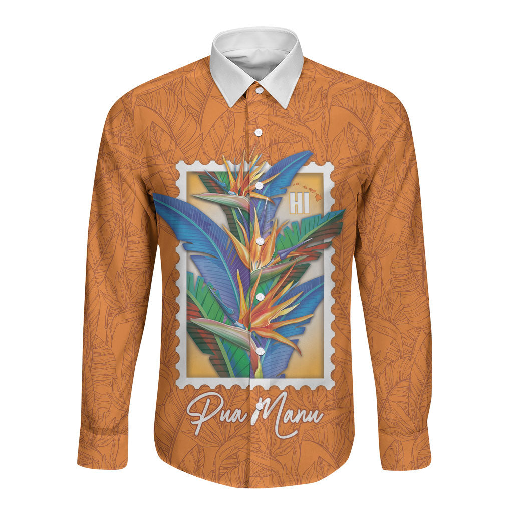 Aloha Hawaii Pua Manu Long Sleeve Button Shirt Hawaiian Bird of Paradise Flowers Stylized Stamp