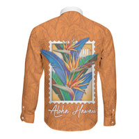 Aloha Hawaii Pua Manu Long Sleeve Button Shirt Hawaiian Bird of Paradise Flowers Stylized Stamp LT14 - Polynesian Pride