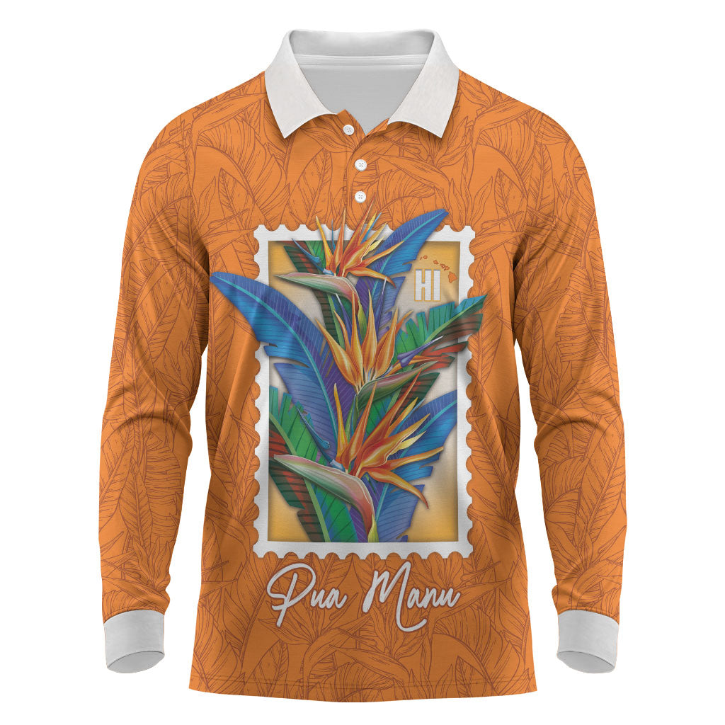 Aloha Hawaii Pua Manu Long Sleeve Polo Shirt Hawaiian Bird of Paradise Flowers Stylized Stamp