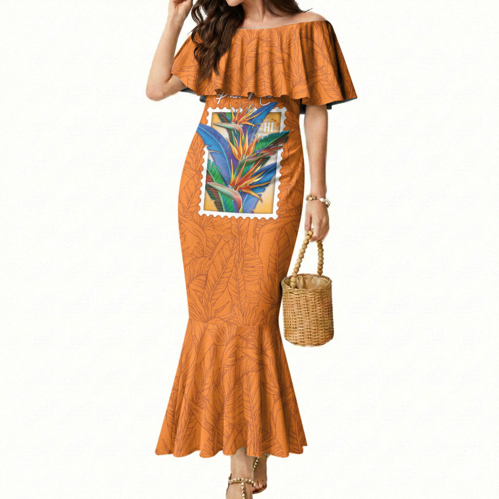 Aloha Hawaii Pua Manu Mermaid Dress Hawaiian Bird of Paradise Flowers Stylized Stamp