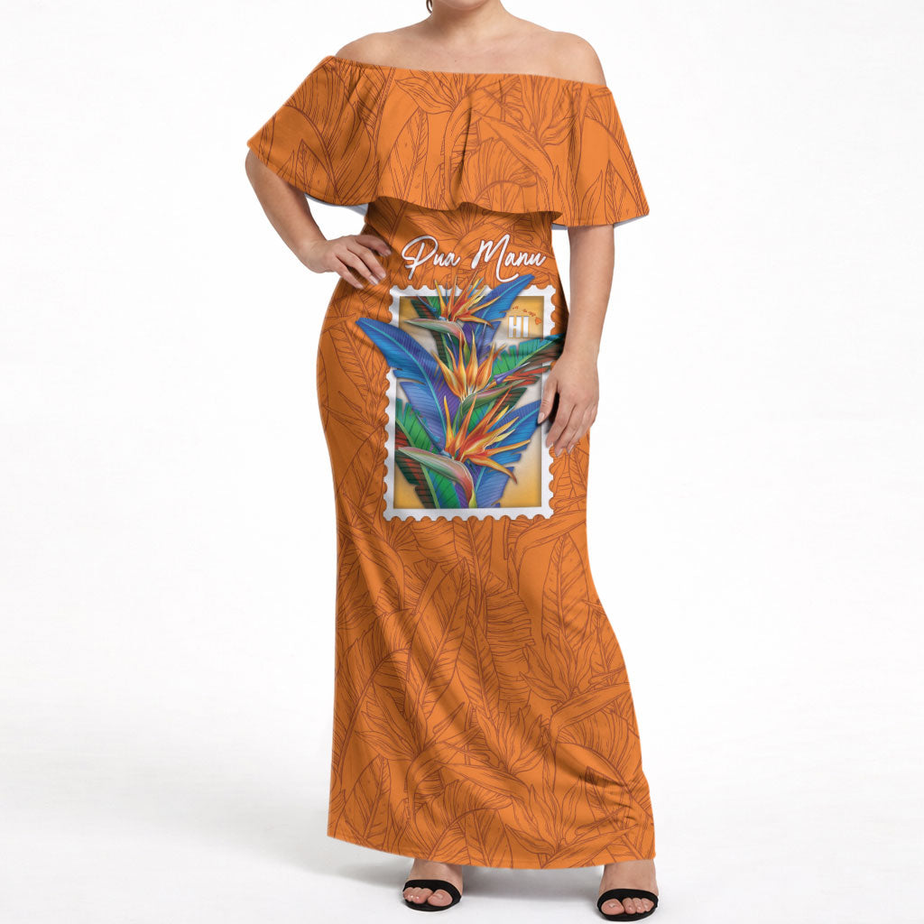 Aloha Hawaii Pua Manu Off Shoulder Maxi Dress Hawaiian Bird of Paradise Flowers Stylized Stamp