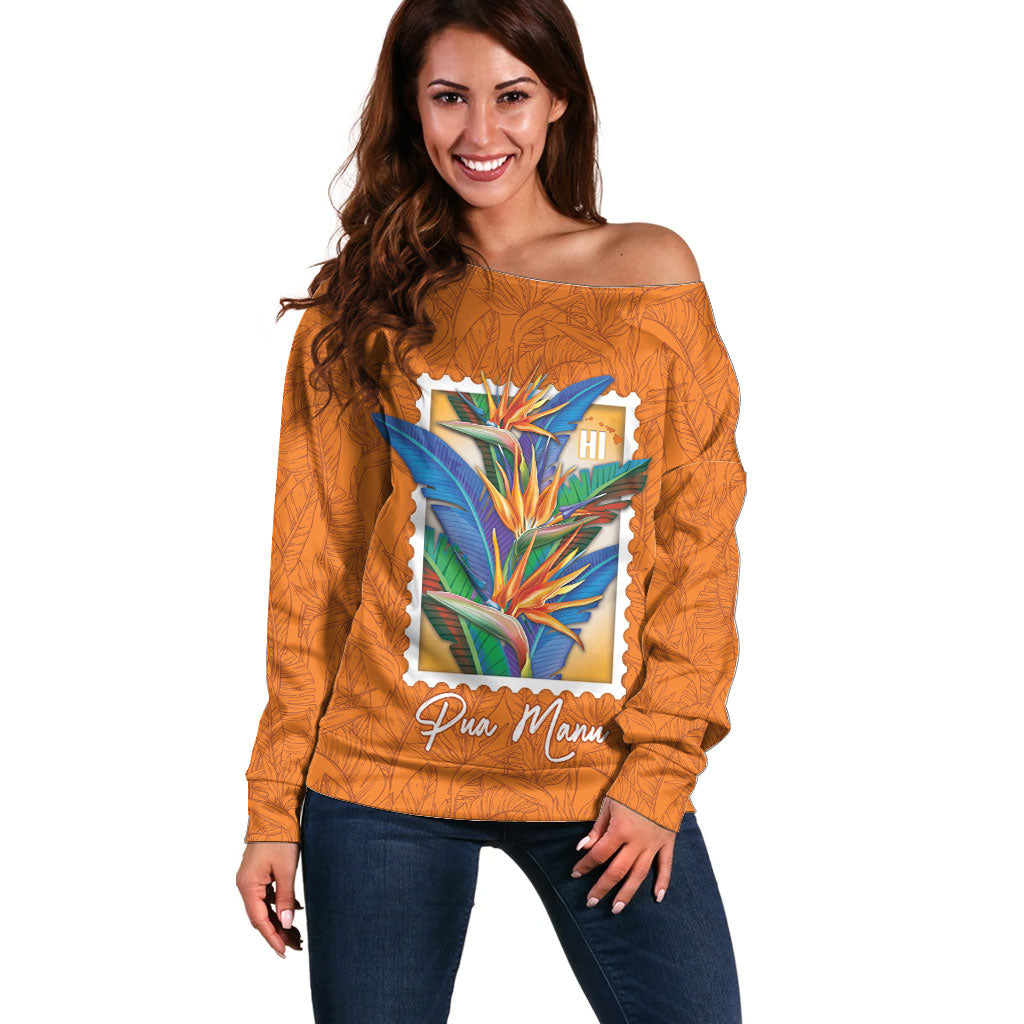 Aloha Hawaii Pua Manu Off Shoulder Sweater Hawaiian Bird of Paradise Flowers Stylized Stamp
