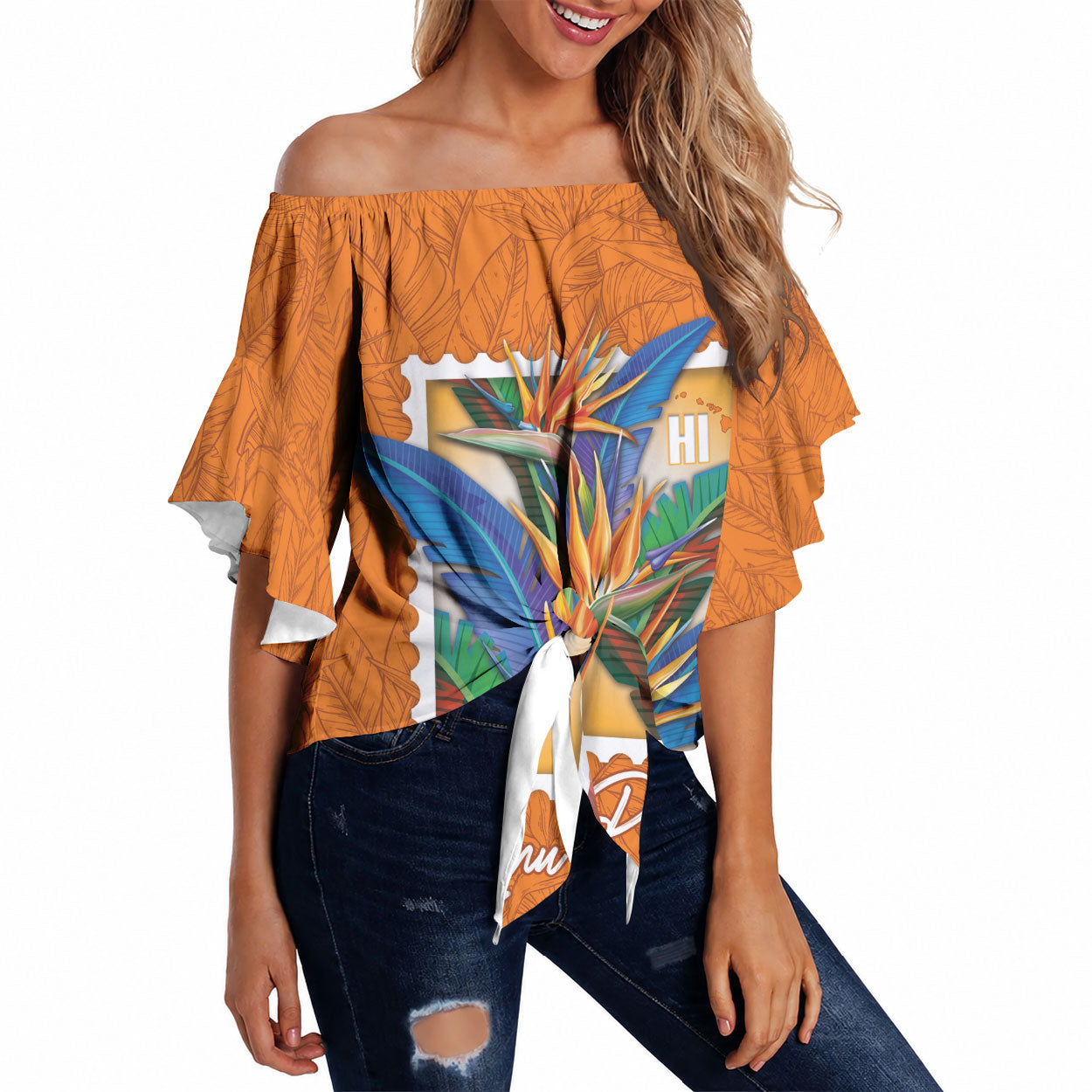 Aloha Hawaii Pua Manu Off Shoulder Wrap Waist Top Hawaiian Bird of Paradise Flowers Stylized Stamp