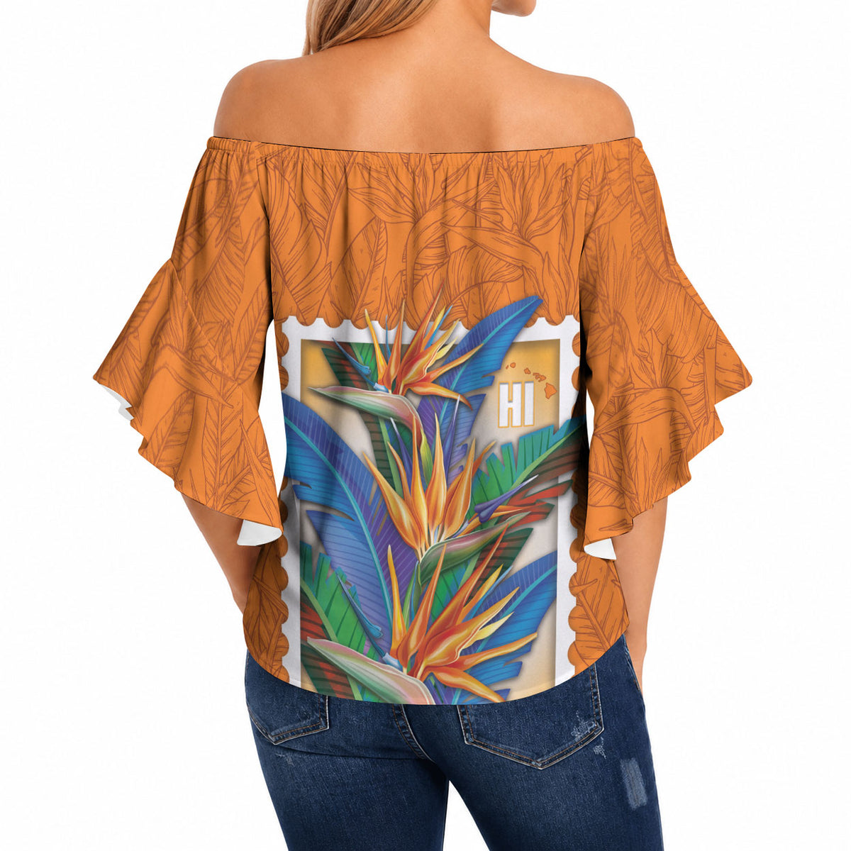 Aloha Hawaii Pua Manu Off Shoulder Wrap Waist Top Hawaiian Bird of Paradise Flowers Stylized Stamp LT14 - Polynesian Pride