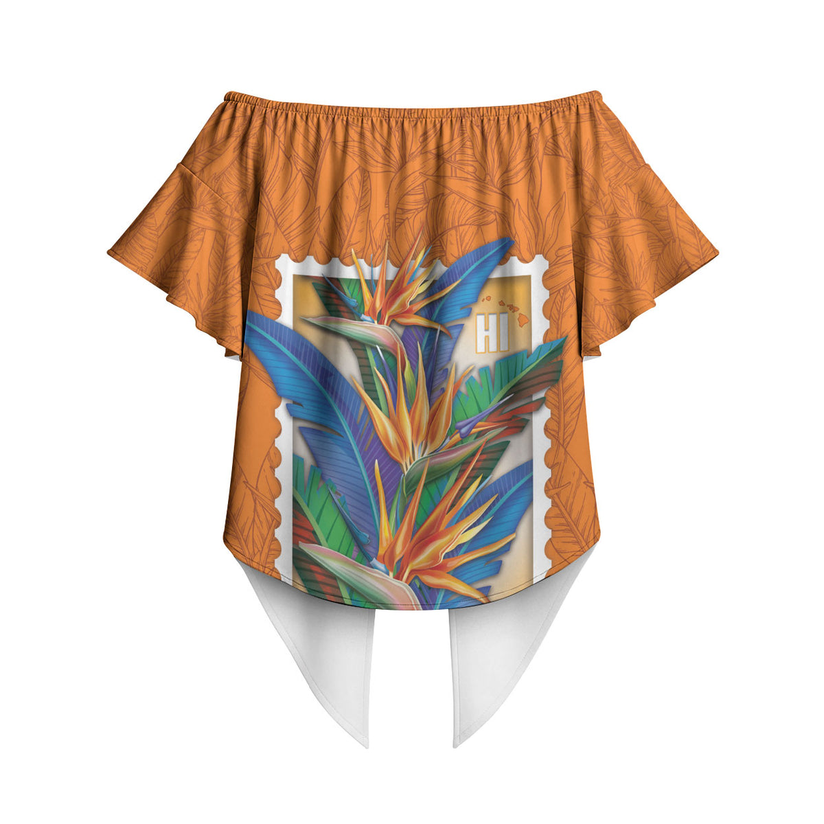 Aloha Hawaii Pua Manu Off Shoulder Wrap Waist Top Hawaiian Bird of Paradise Flowers Stylized Stamp LT14 - Polynesian Pride
