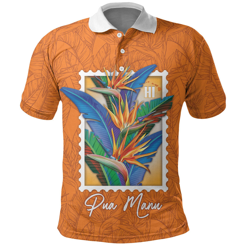 Aloha Hawaii Pua Manu Polo Shirt Hawaiian Bird of Paradise Flowers Stylized Stamp