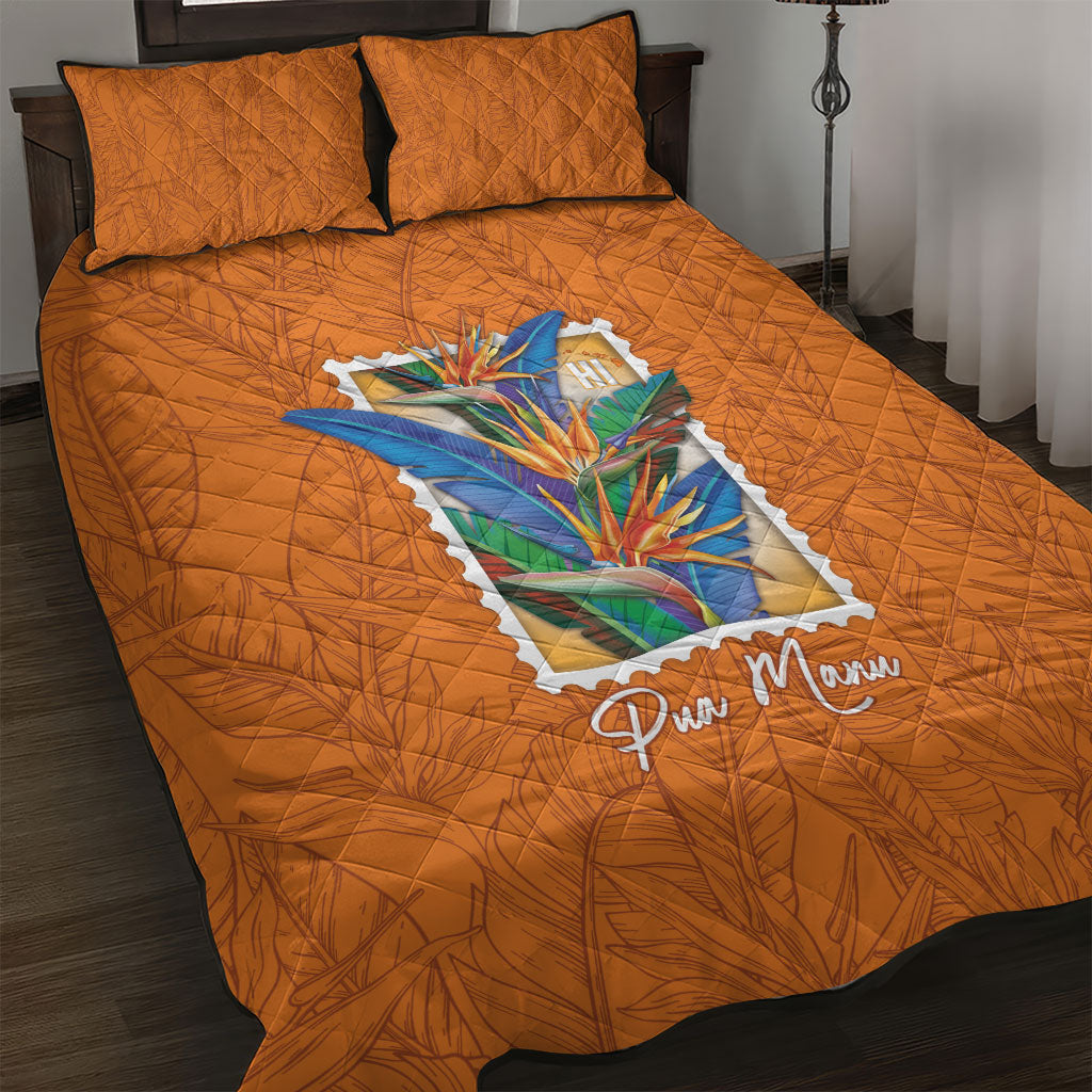 Aloha Hawaii Pua Manu Quilt Bed Set Hawaiian Bird of Paradise Flowers Stylized Stamp