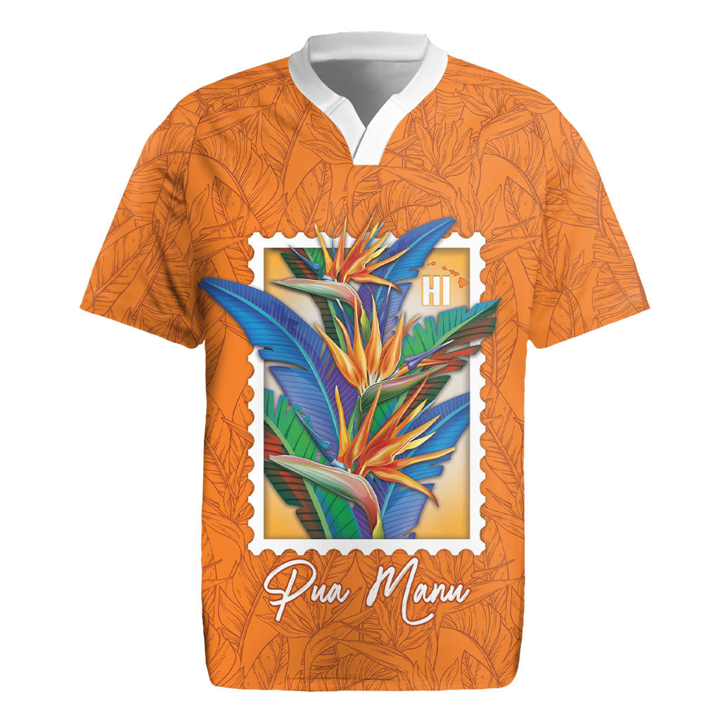 Aloha Hawaii Pua Manu Rugby Jersey Hawaiian Bird of Paradise Flowers Stylized Stamp