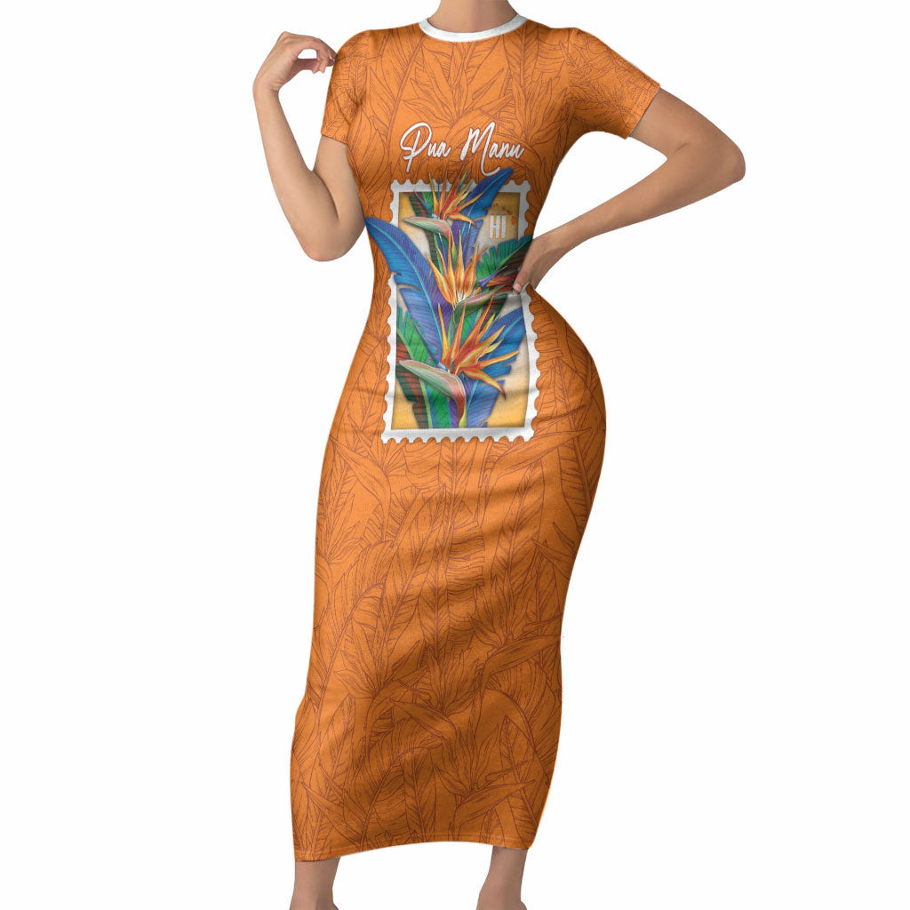 Aloha Hawaii Pua Manu Short Sleeve Bodycon Dress Hawaiian Bird of Paradise Flowers Stylized Stamp LT14 Long Dress Orange - Polynesian Pride