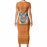 Aloha Hawaii Pua Manu Short Sleeve Bodycon Dress Hawaiian Bird of Paradise Flowers Stylized Stamp LT14 - Polynesian Pride