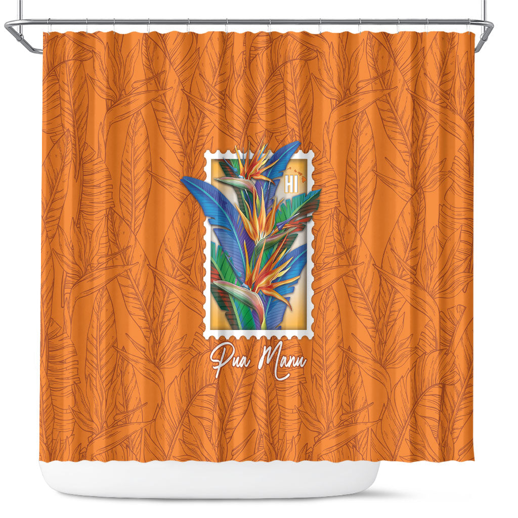 Aloha Hawaii Pua Manu Shower Curtain Hawaiian Bird of Paradise Flowers Stylized Stamp