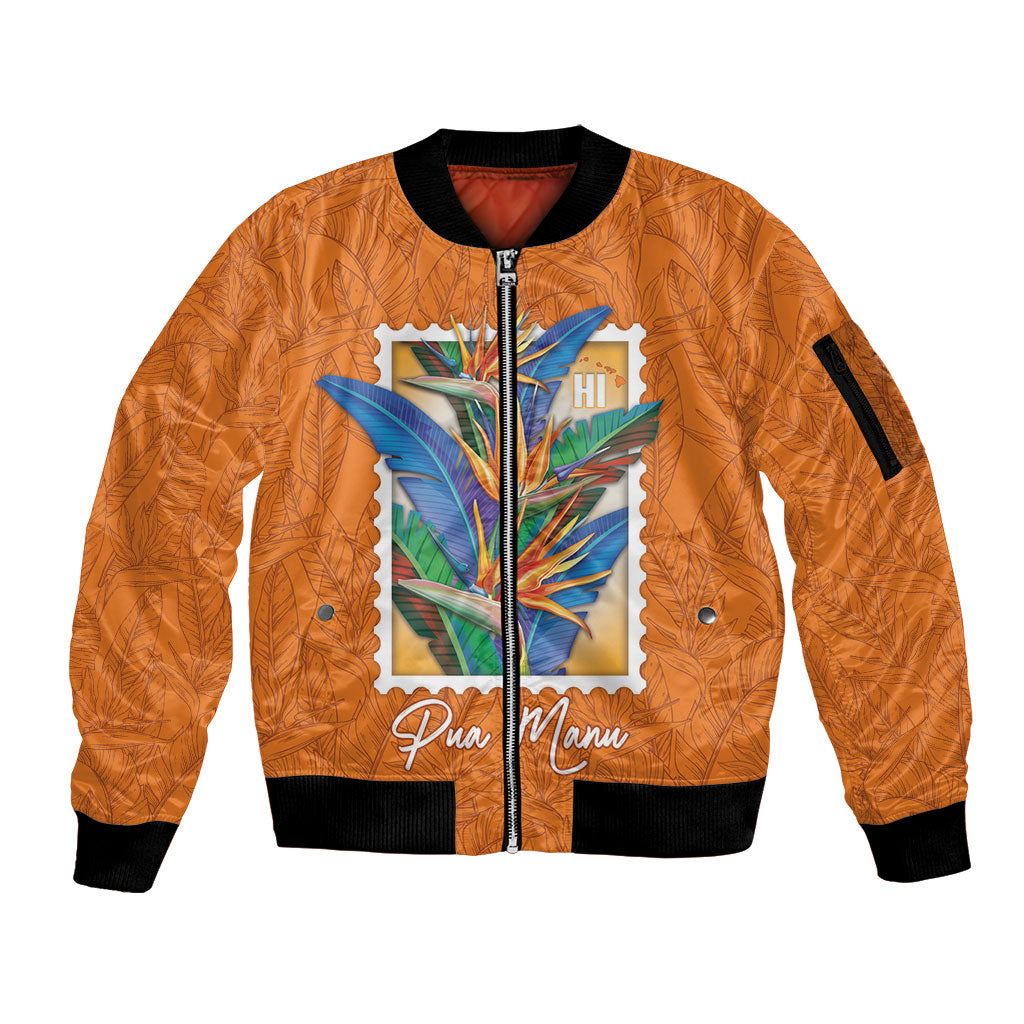 Aloha Hawaii Pua Manu Sleeve Zip Bomber Jacket Hawaiian Bird of Paradise Flowers Stylized Stamp