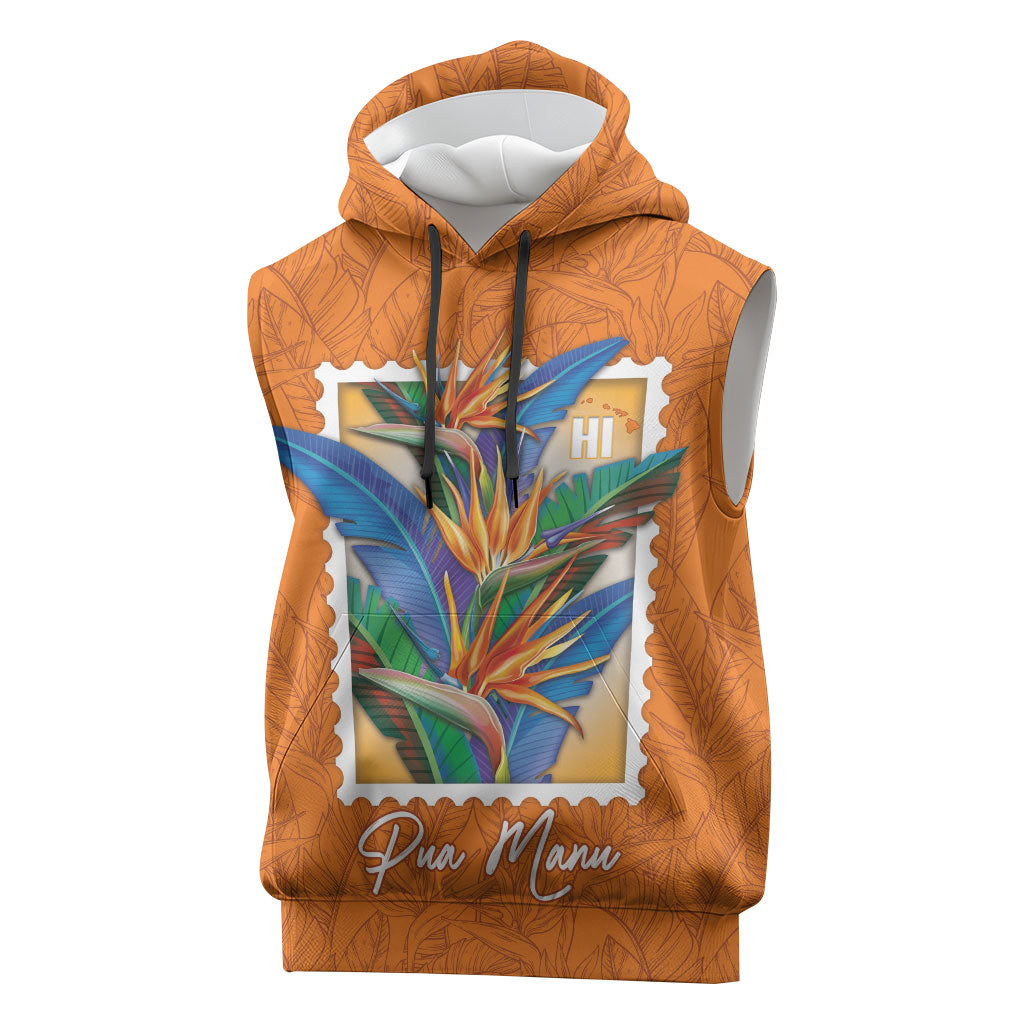 Aloha Hawaii Pua Manu Sleeveless Hoodie Hawaiian Bird of Paradise Flowers Stylized Stamp
