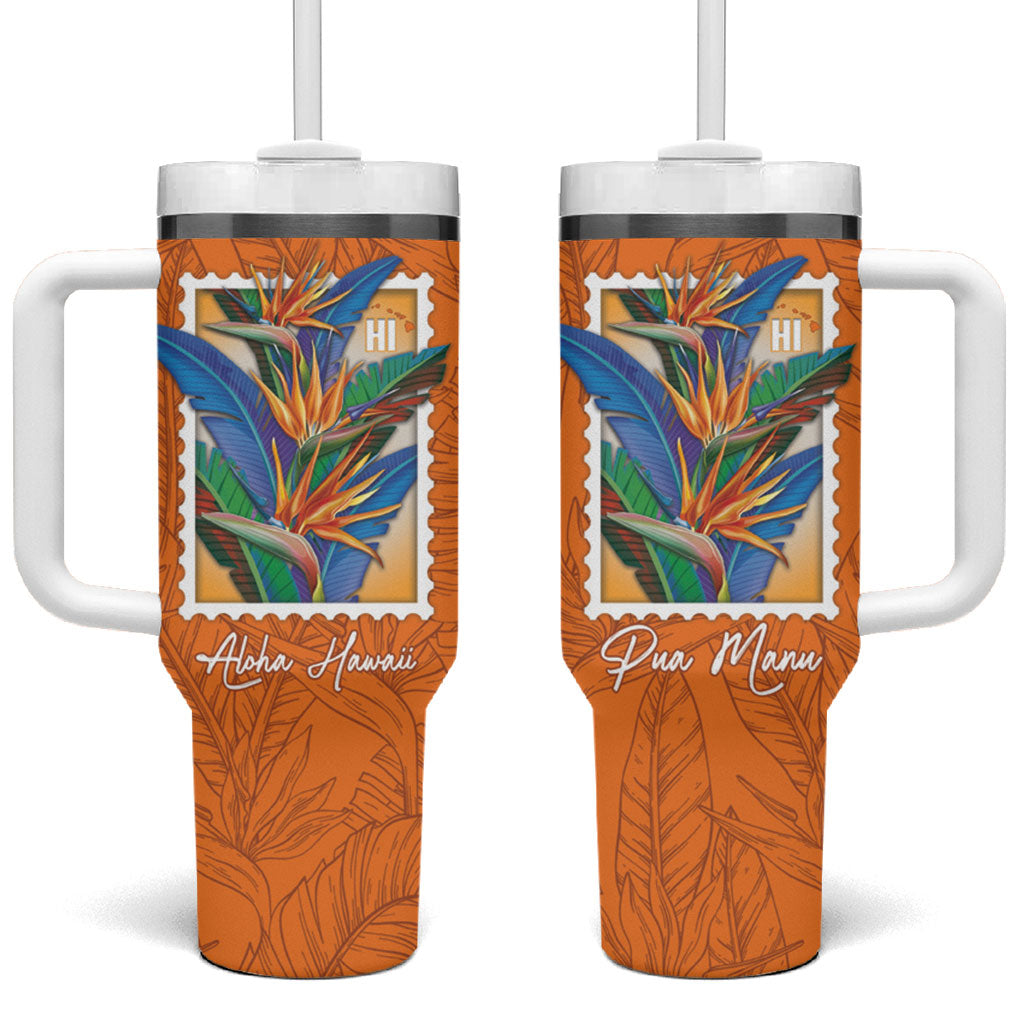 Aloha Hawaii Pua Manu Tumbler With Handle Hawaiian Bird of Paradise Flowers Stylized Stamp