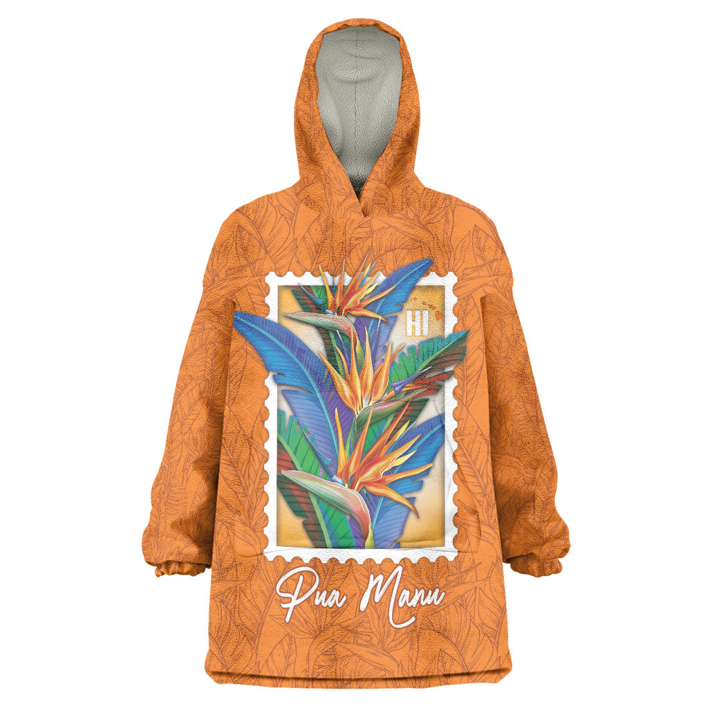 Aloha Hawaii Pua Manu Wearable Blanket Hoodie Hawaiian Bird of Paradise Flowers Stylized Stamp