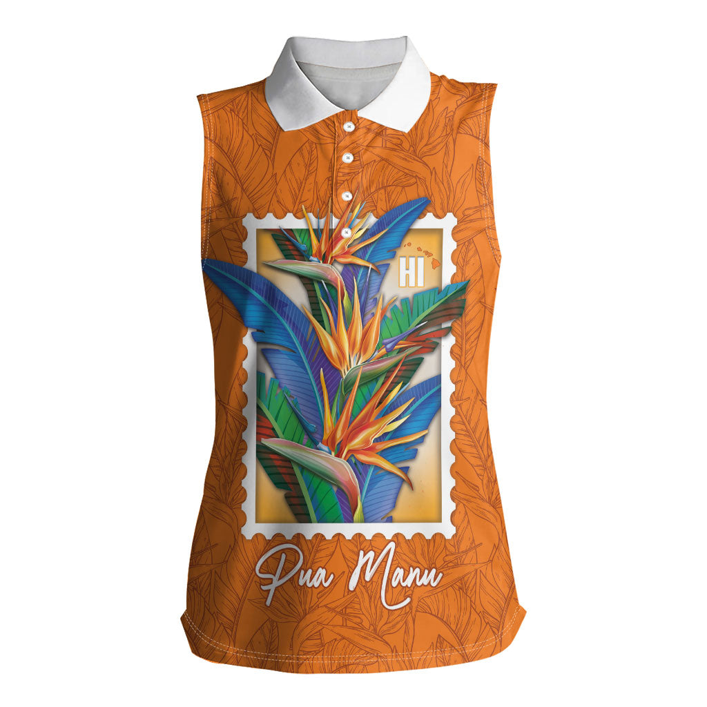 Aloha Hawaii Pua Manu Women Sleeveless Polo Shirt Hawaiian Bird of Paradise Flowers Stylized Stamp