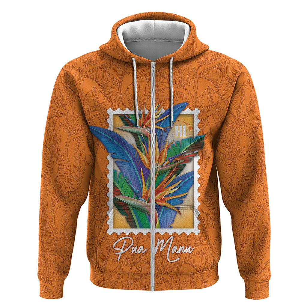 Aloha Hawaii Pua Manu Zip Hoodie Hawaiian Bird of Paradise Flowers Stylized Stamp LT14 Zip Hoodie Orange - Polynesian Pride