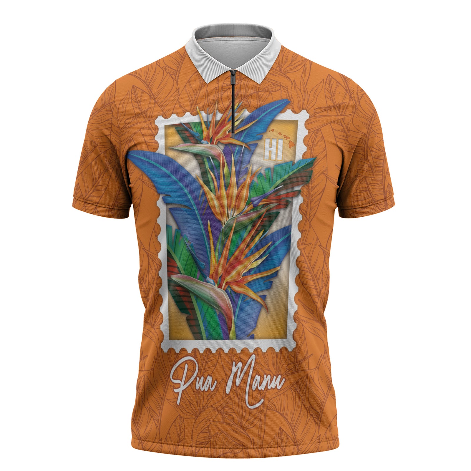 Aloha Hawaii Pua Manu Zipper Polo Shirt Hawaiian Bird of Paradise Flowers Stylized Stamp