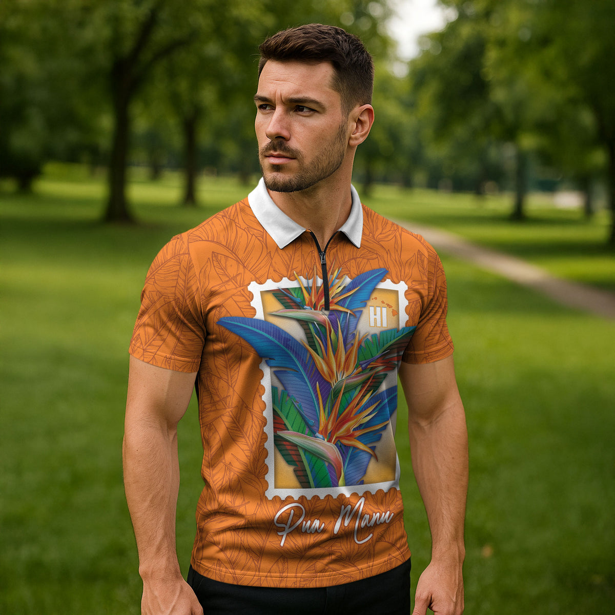 Aloha Hawaii Pua Manu Zipper Polo Shirt Hawaiian Bird of Paradise Flowers Stylized Stamp LT14 - Polynesian Pride