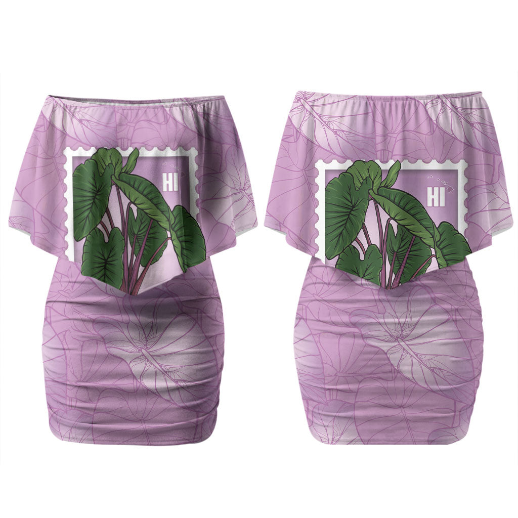 Aloha Hawaii Kalo Couples Matching Off Shoulder Short Dress and Hawaiian Shirt Hawaiian Taro Leaves Stylized Stamp LT14 - Polynesian Pride