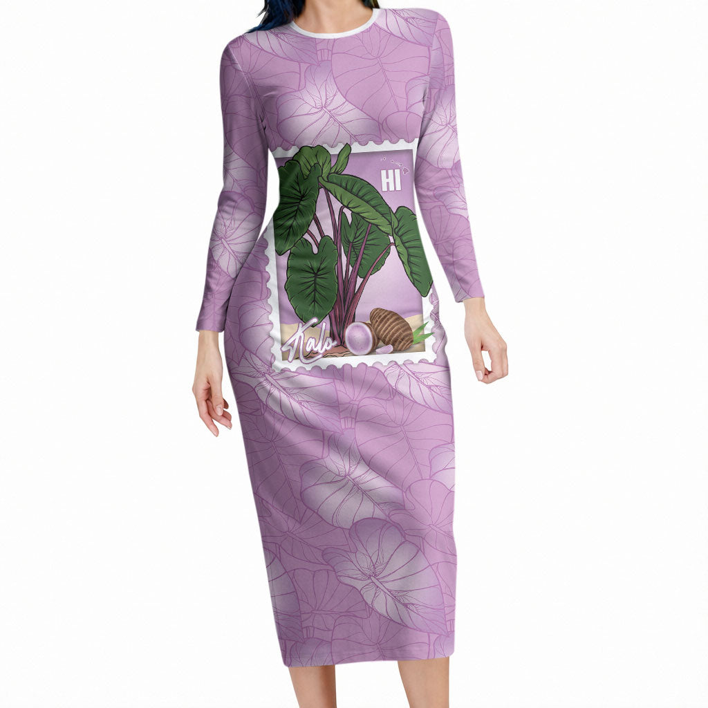 Aloha Hawaii Kalo Long Sleeve Bodycon Dress Hawaiian Taro Leaves Stylized Stamp LT14 Long Dress Purple - Polynesian Pride