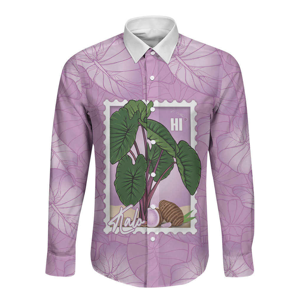 Aloha Hawaii Kalo Long Sleeve Button Shirt Hawaiian Taro Leaves Stylized Stamp