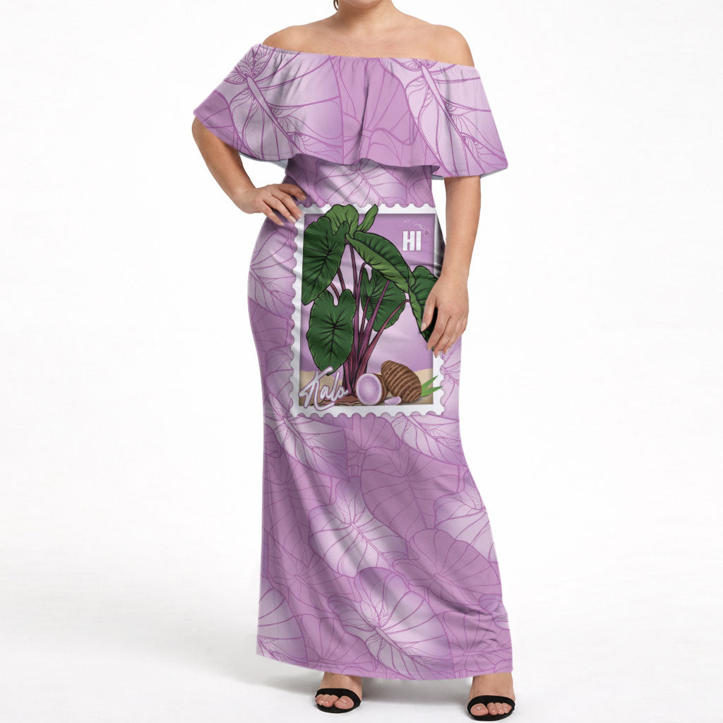 Aloha Hawaii Kalo Off Shoulder Maxi Dress Hawaiian Taro Leaves Stylized Stamp