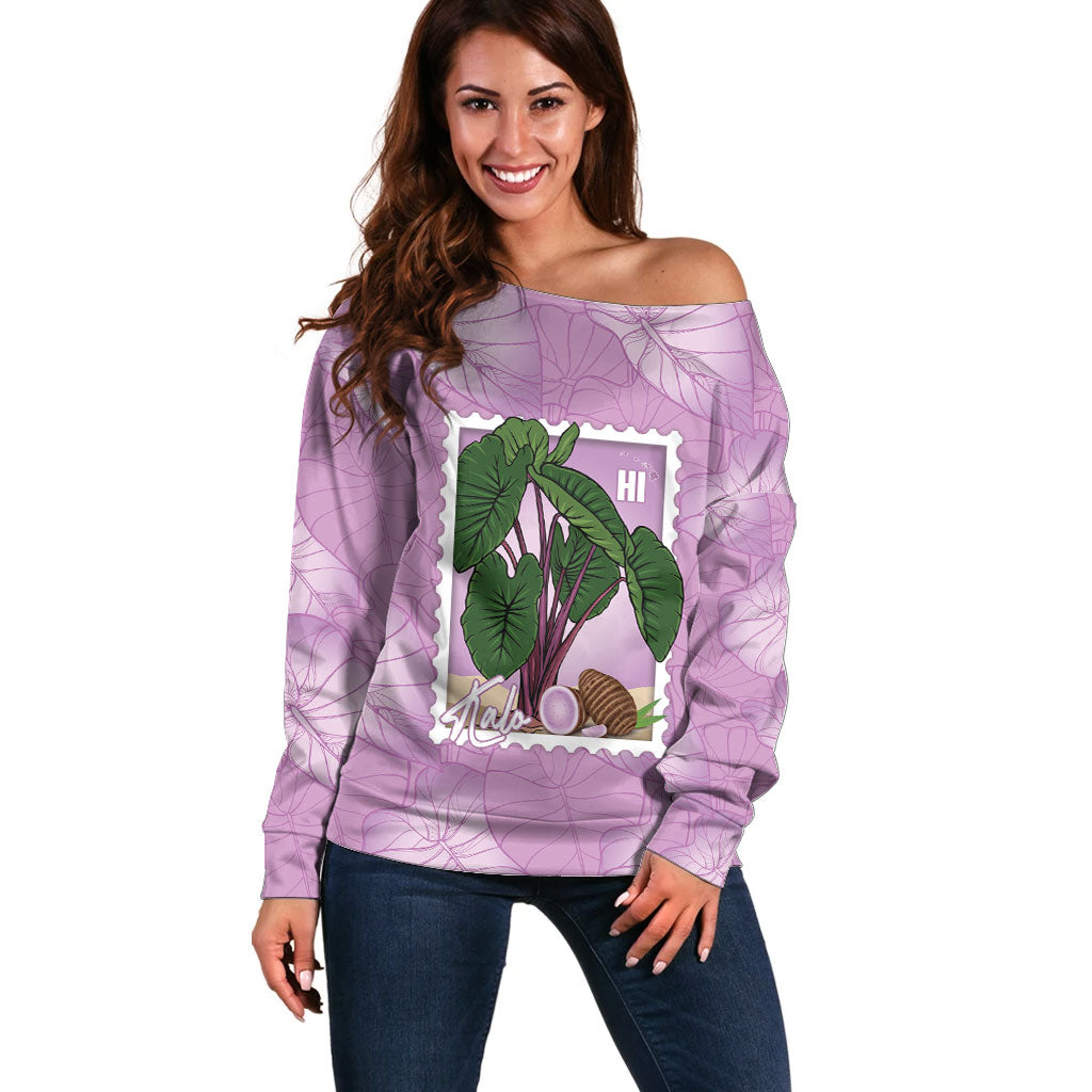 Aloha Hawaii Kalo Off Shoulder Sweater Hawaiian Taro Leaves Stylized Stamp