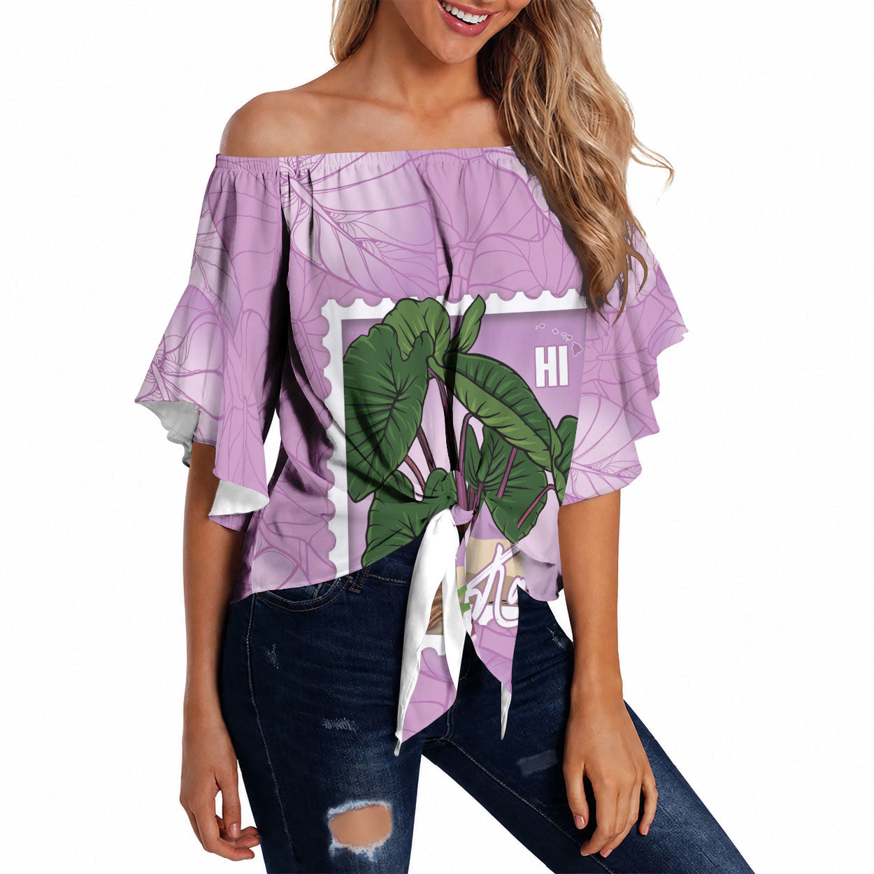 Aloha Hawaii Kalo Off Shoulder Wrap Waist Top Hawaiian Taro Leaves Stylized Stamp