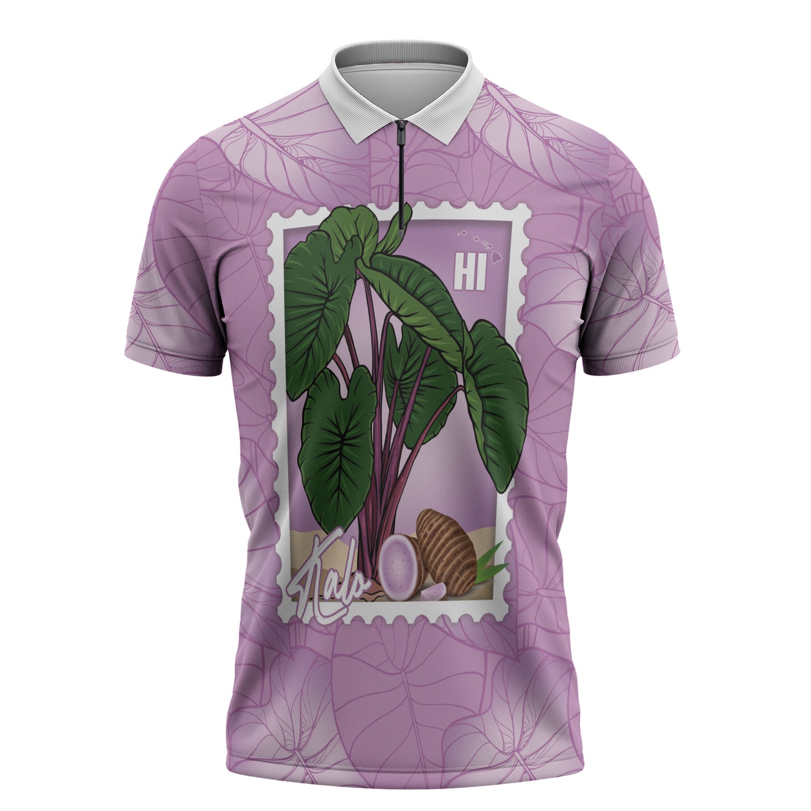 Aloha Hawaii Kalo Zipper Polo Shirt Hawaiian Taro Leaves Stylized Stamp