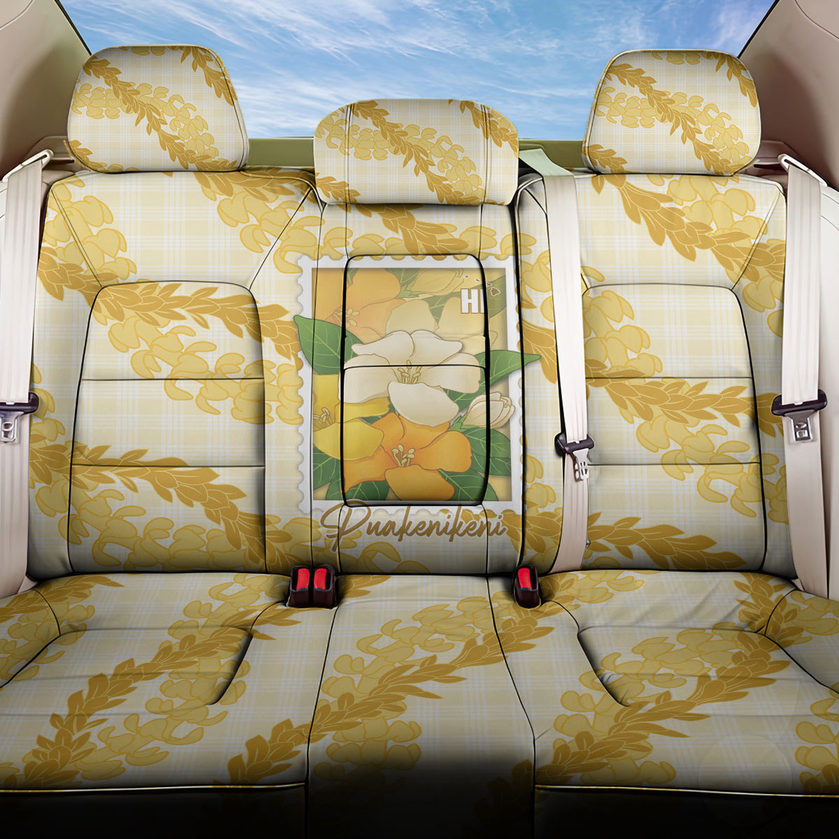 Aloha Hawaii Puakenikeni Back Car Seat Cover Hawaiian Lei Palaka Motifs Stylized Stamp