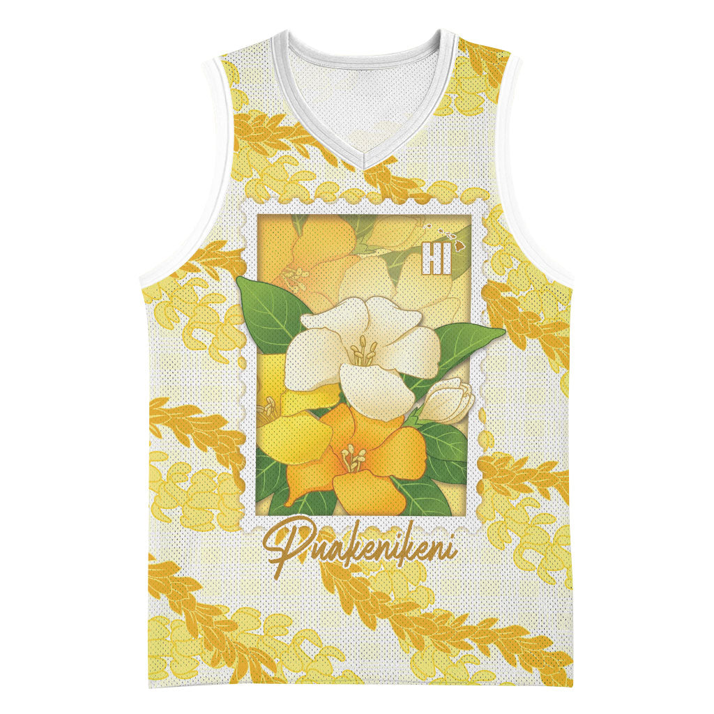 Aloha Hawaii Puakenikeni Basketball Jersey Hawaiian Lei Palaka Motifs Stylized Stamp