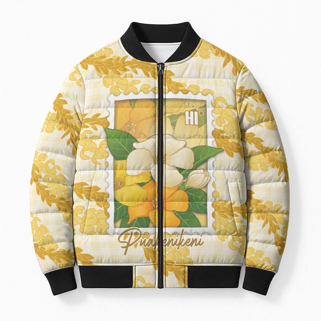 Aloha Hawaii Puakenikeni Bomber Puffer Jacket Hawaiian Lei Palaka Motifs Stylized Stamp