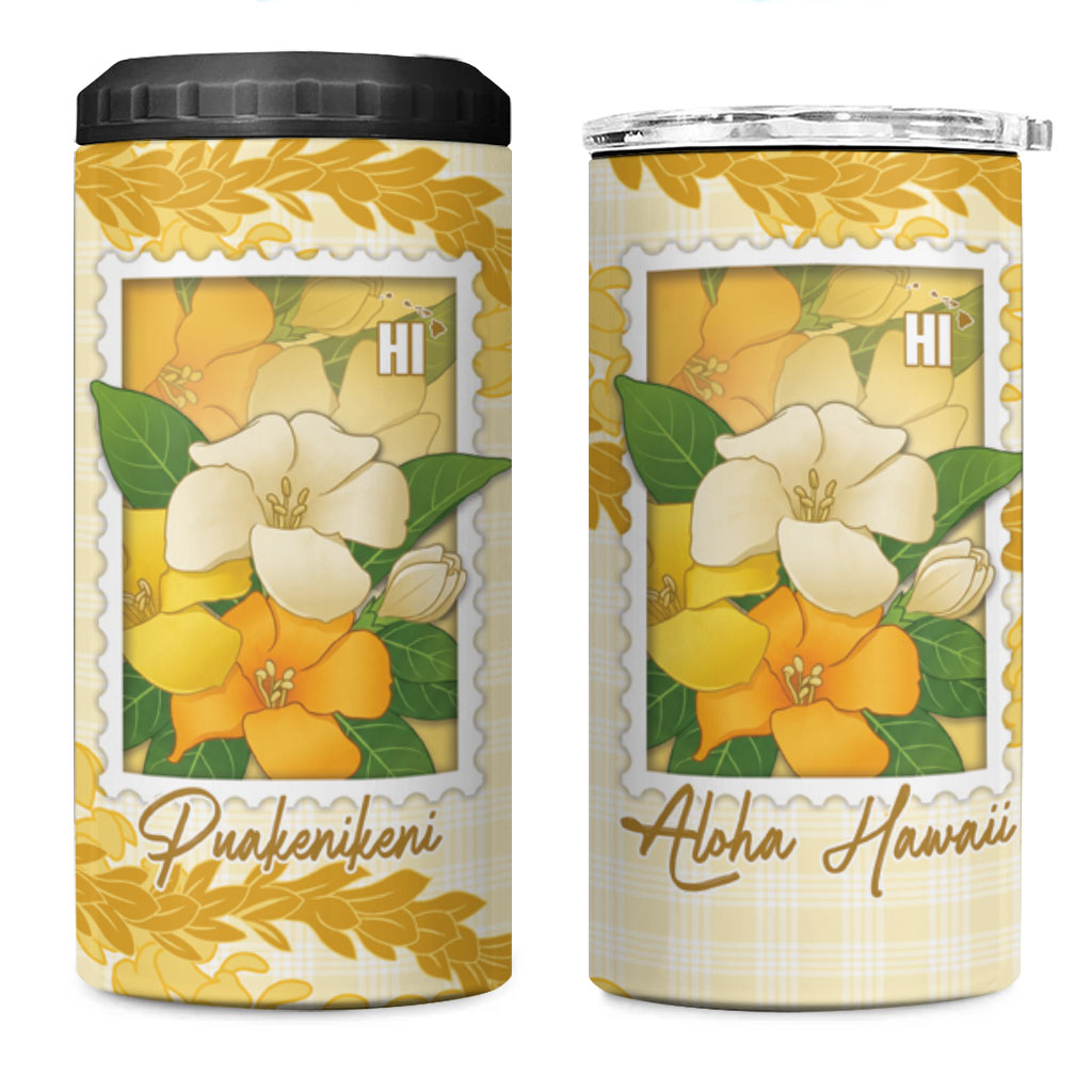 Aloha Hawaii Puakenikeni 4 in 1 Can Cooler Tumbler Hawaiian Lei Palaka Motifs Stylized Stamp