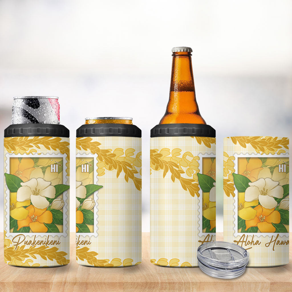 Aloha Hawaii Puakenikeni 4 in 1 Can Cooler Tumbler Hawaiian Lei Palaka Motifs Stylized Stamp LT14 - Polynesian Pride