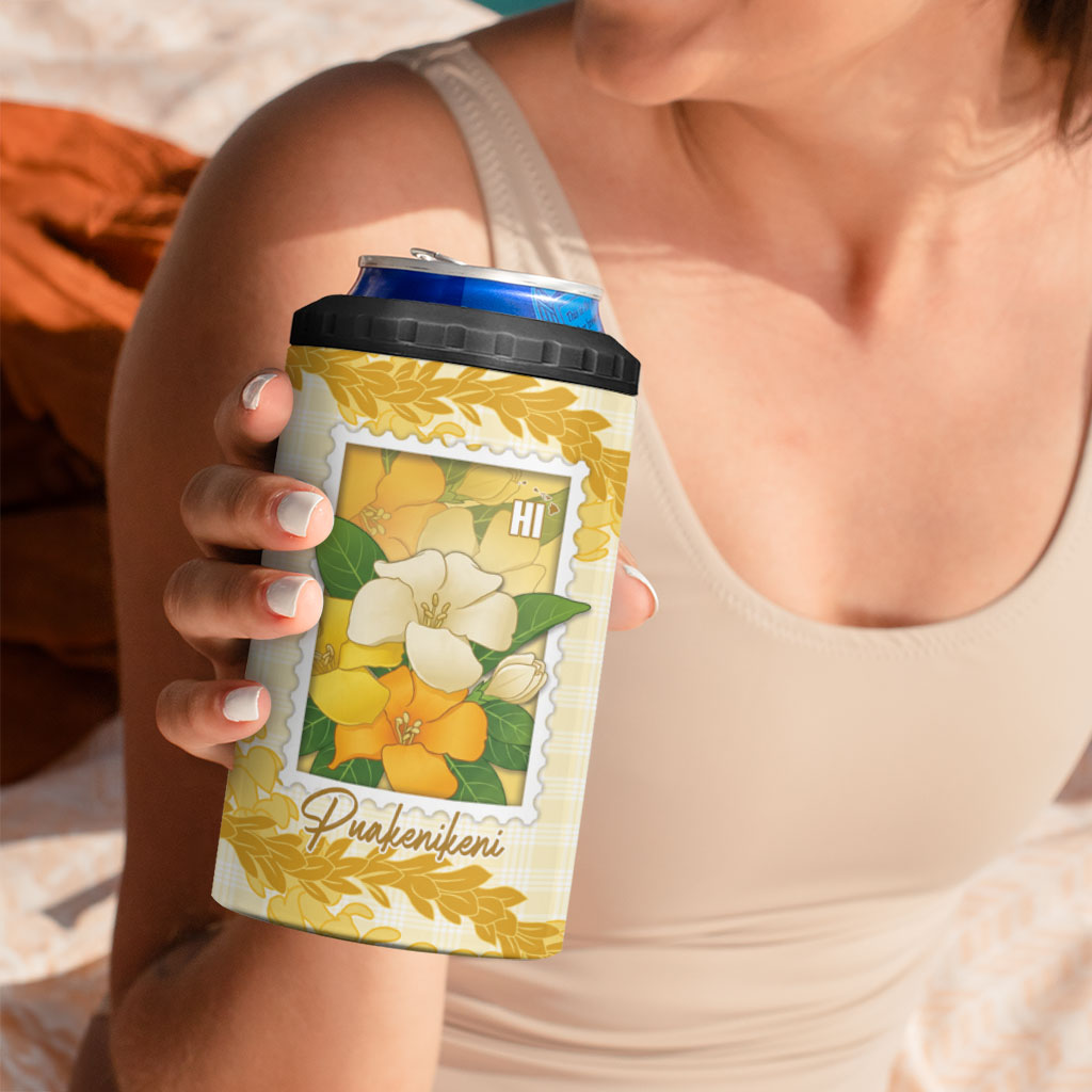 Aloha Hawaii Puakenikeni 4 in 1 Can Cooler Tumbler Hawaiian Lei Palaka Motifs Stylized Stamp LT14 - Polynesian Pride