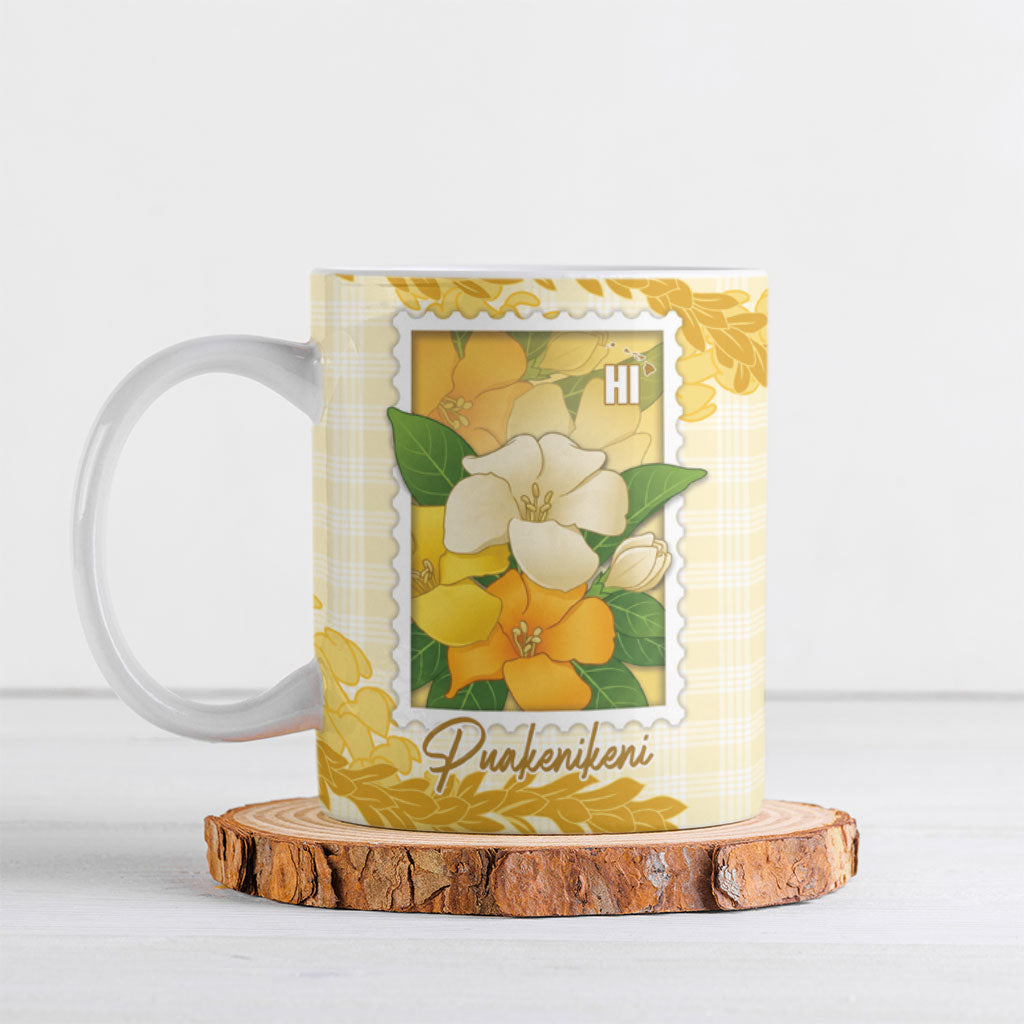 Aloha Hawaii Puakenikeni Ceramic Mug Hawaiian Lei Palaka Motifs Stylized Stamp