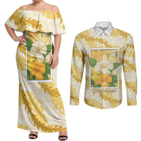 Aloha Hawaii Puakenikeni Couples Matching Off Shoulder Maxi Dress and Long Sleeve Button Shirt Hawaiian Lei Palaka Motifs Stylized Stamp LT14 Yellow - Polynesian Pride