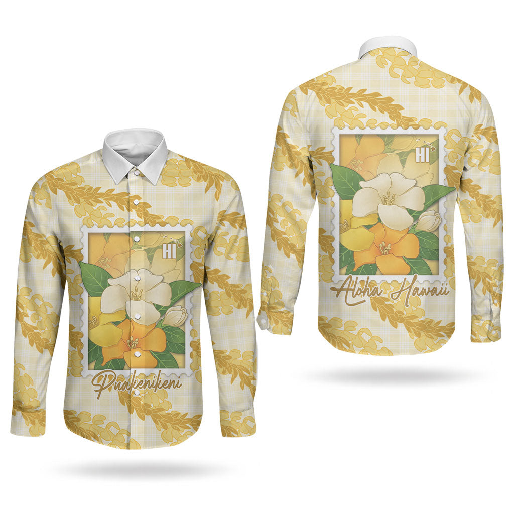 Aloha Hawaii Puakenikeni Couples Matching Off Shoulder Maxi Dress and Long Sleeve Button Shirt Hawaiian Lei Palaka Motifs Stylized Stamp LT14 - Polynesian Pride