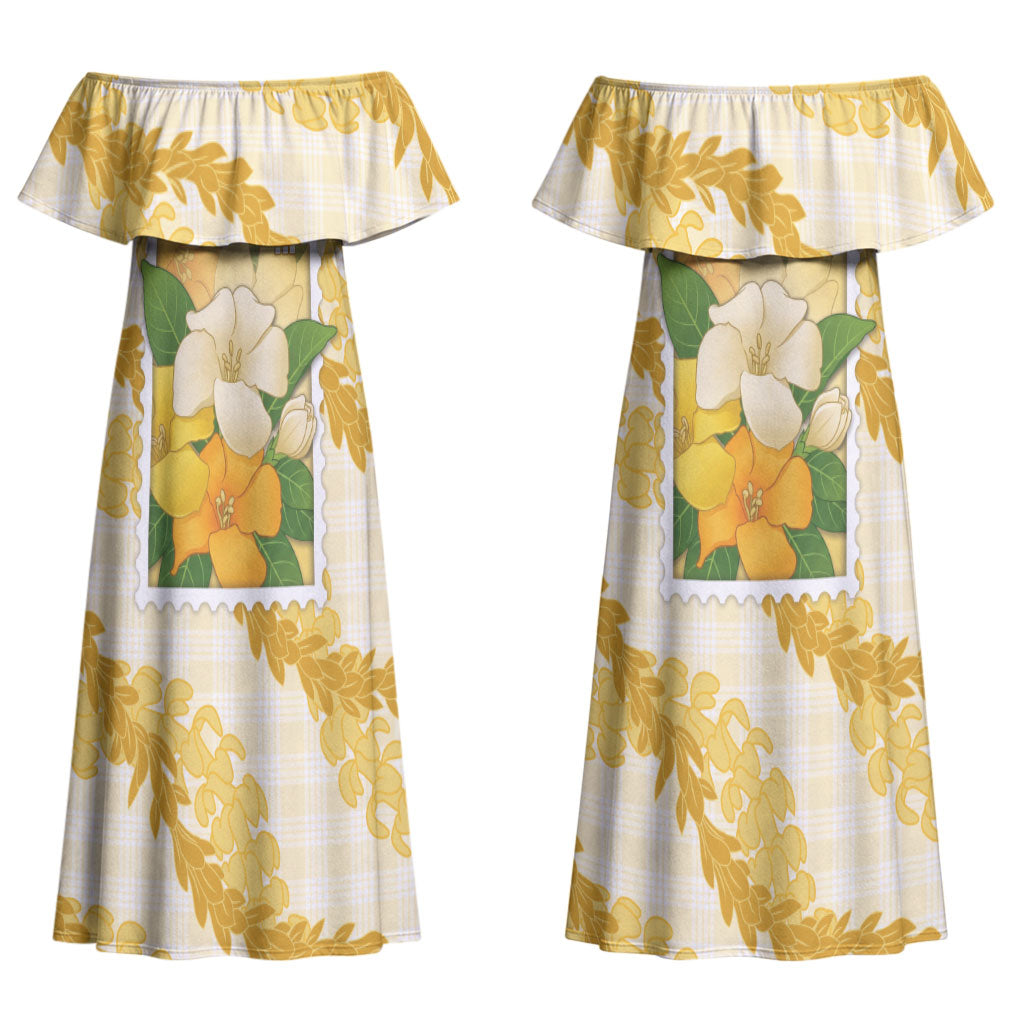 Aloha Hawaii Puakenikeni Couples Matching Off Shoulder Maxi Dress and Long Sleeve Button Shirt Hawaiian Lei Palaka Motifs Stylized Stamp LT14 - Polynesian Pride