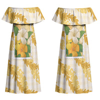 Aloha Hawaii Puakenikeni Couples Matching Off Shoulder Maxi Dress and Long Sleeve Button Shirt Hawaiian Lei Palaka Motifs Stylized Stamp LT14 - Polynesian Pride