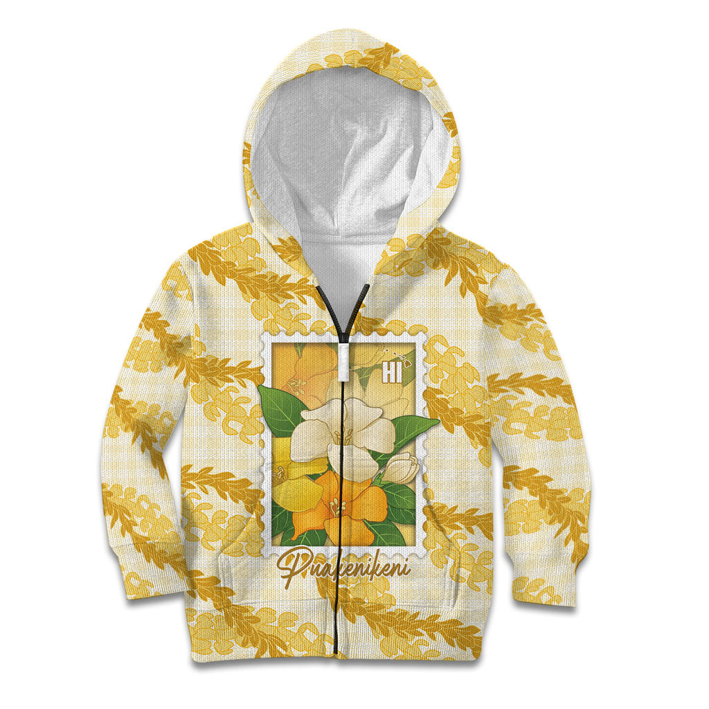 Aloha Hawaii Puakenikeni Kid Hoodie Hawaiian Lei Palaka Motifs Stylized Stamp LT14 Zip Hoodie Yellow - Polynesian Pride