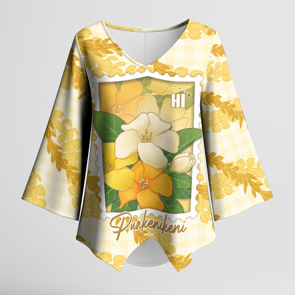 Aloha Hawaii Puakenikeni Kimono Sleeve Blouse Hawaiian Lei Palaka Motifs Stylized Stamp