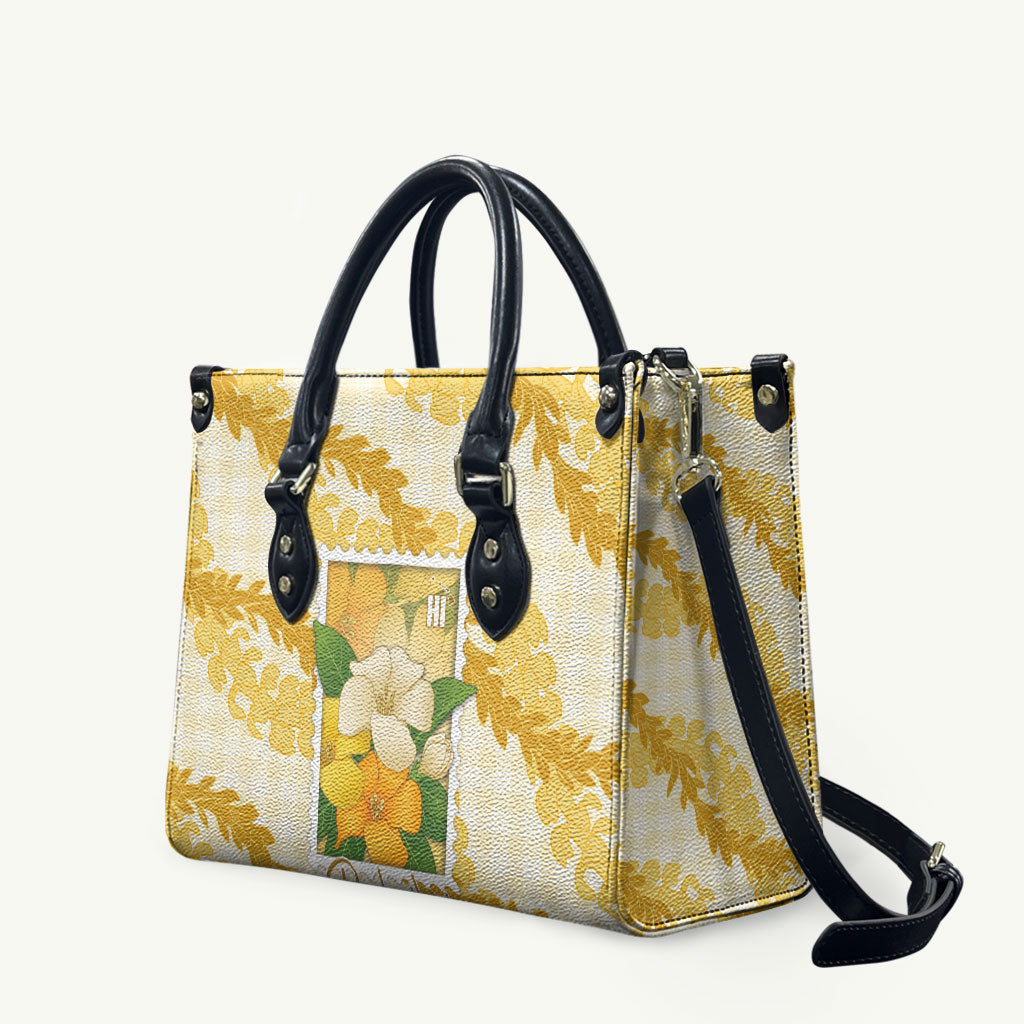 Aloha Hawaii Puakenikeni Leather Bag Hawaiian Lei Palaka Motifs Stylized Stamp LT14 Yellow - Polynesian Pride