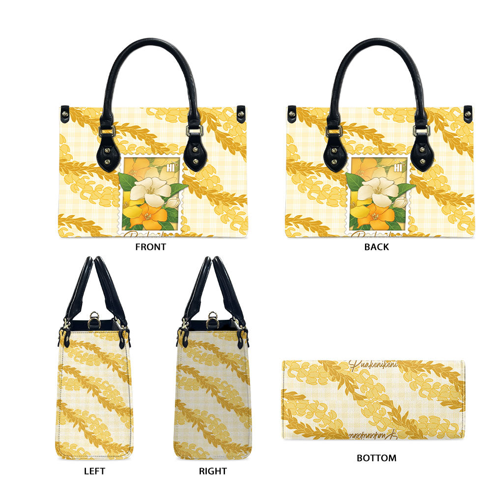 Aloha Hawaii Puakenikeni Leather Bag Hawaiian Lei Palaka Motifs Stylized Stamp LT14 - Polynesian Pride