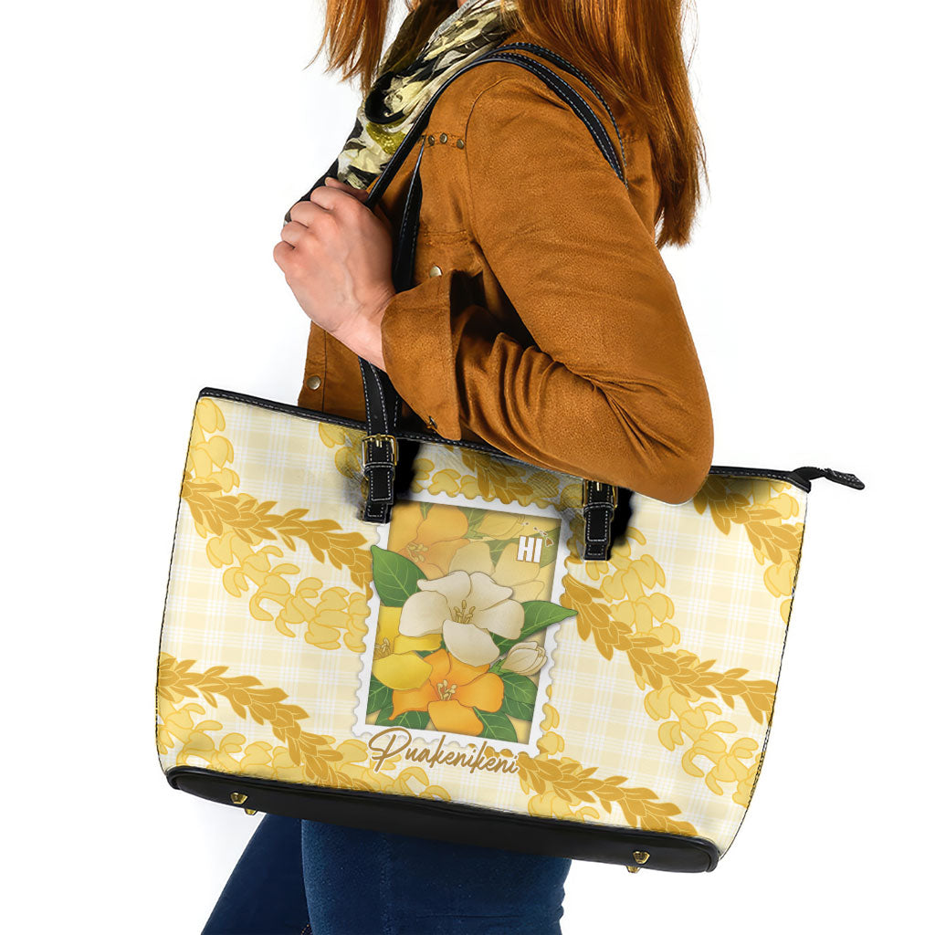 Aloha Hawaii Puakenikeni Leather Tote Bag Hawaiian Lei Palaka Motifs Stylized Stamp