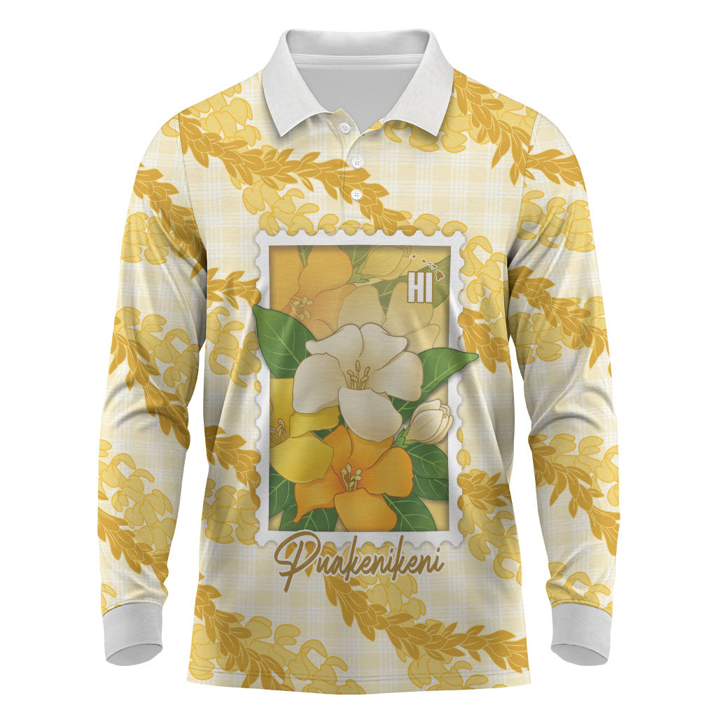 Aloha Hawaii Puakenikeni Long Sleeve Polo Shirt Hawaiian Lei Palaka Motifs Stylized Stamp