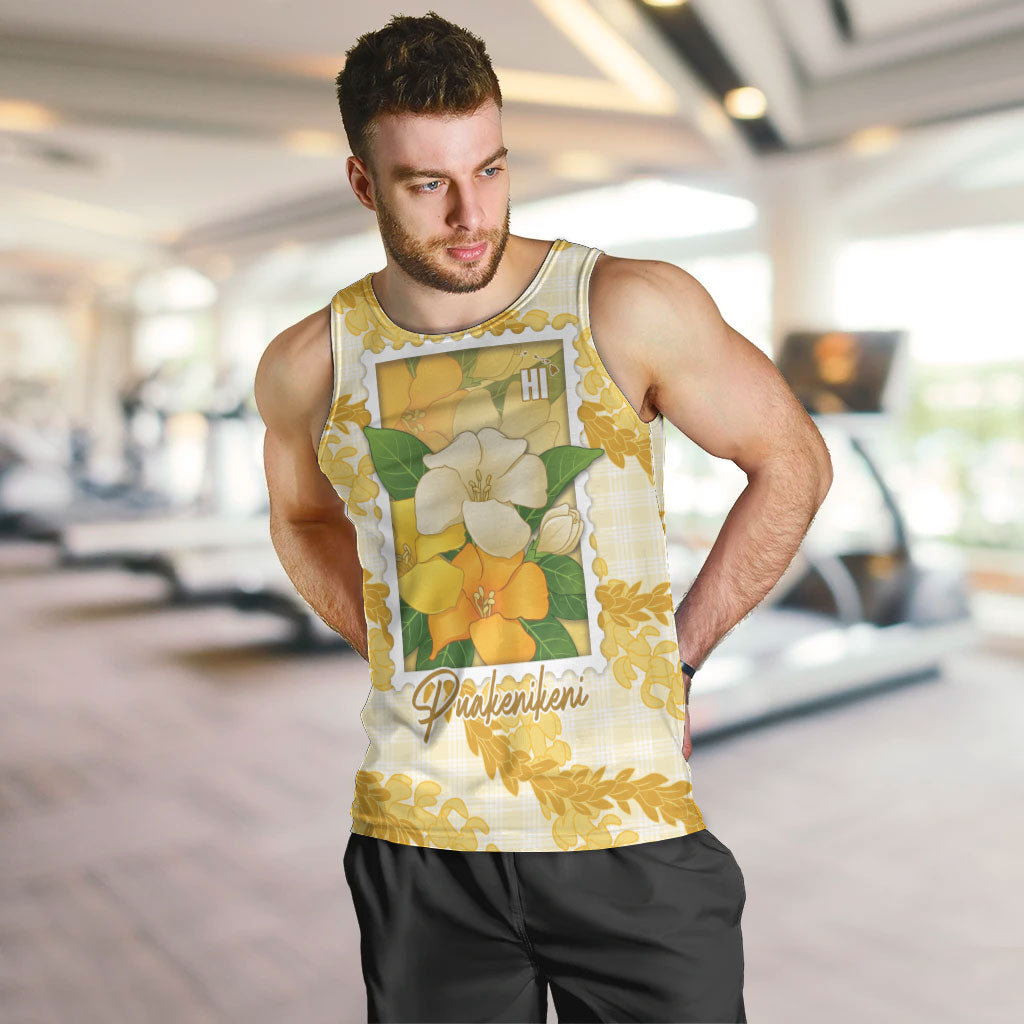 Aloha Hawaii Puakenikeni Men Tank Top Hawaiian Lei Palaka Motifs Stylized Stamp LT14 Yellow - Polynesian Pride