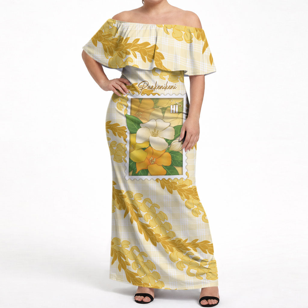 Aloha Hawaii Puakenikeni Off Shoulder Maxi Dress Hawaiian Lei Palaka Motifs Stylized Stamp