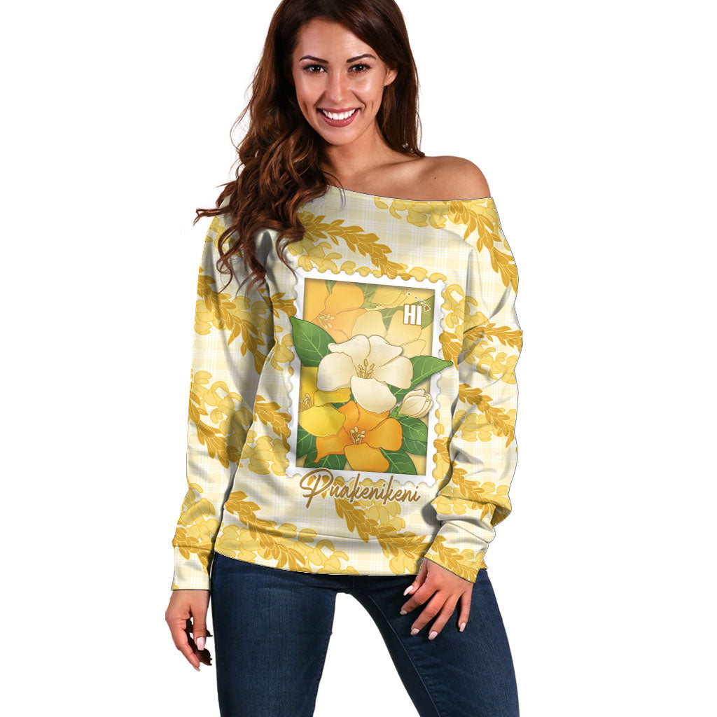 Aloha Hawaii Puakenikeni Off Shoulder Sweater Hawaiian Lei Palaka Motifs Stylized Stamp